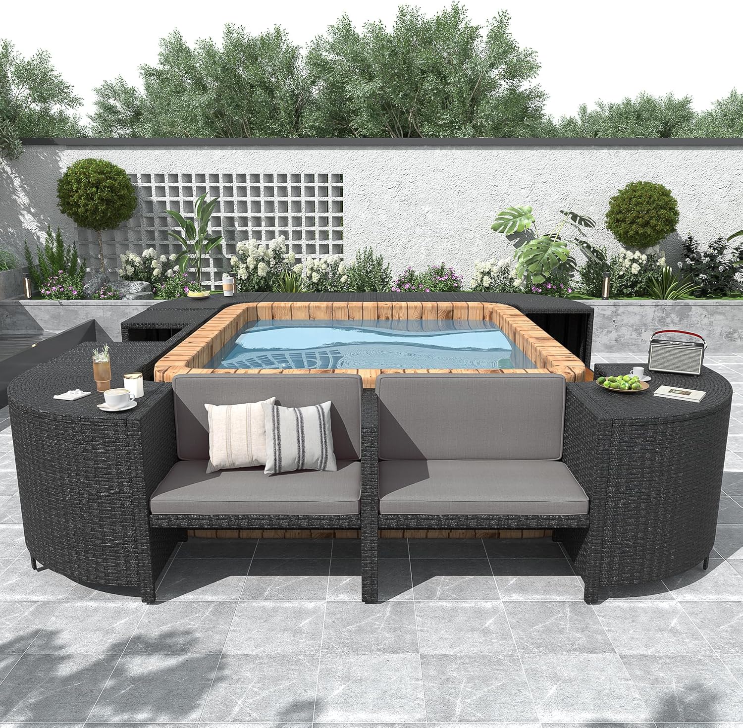 Gray Outdoor Rattan Sectional Sofa with Wooden Seats and Storage B3009