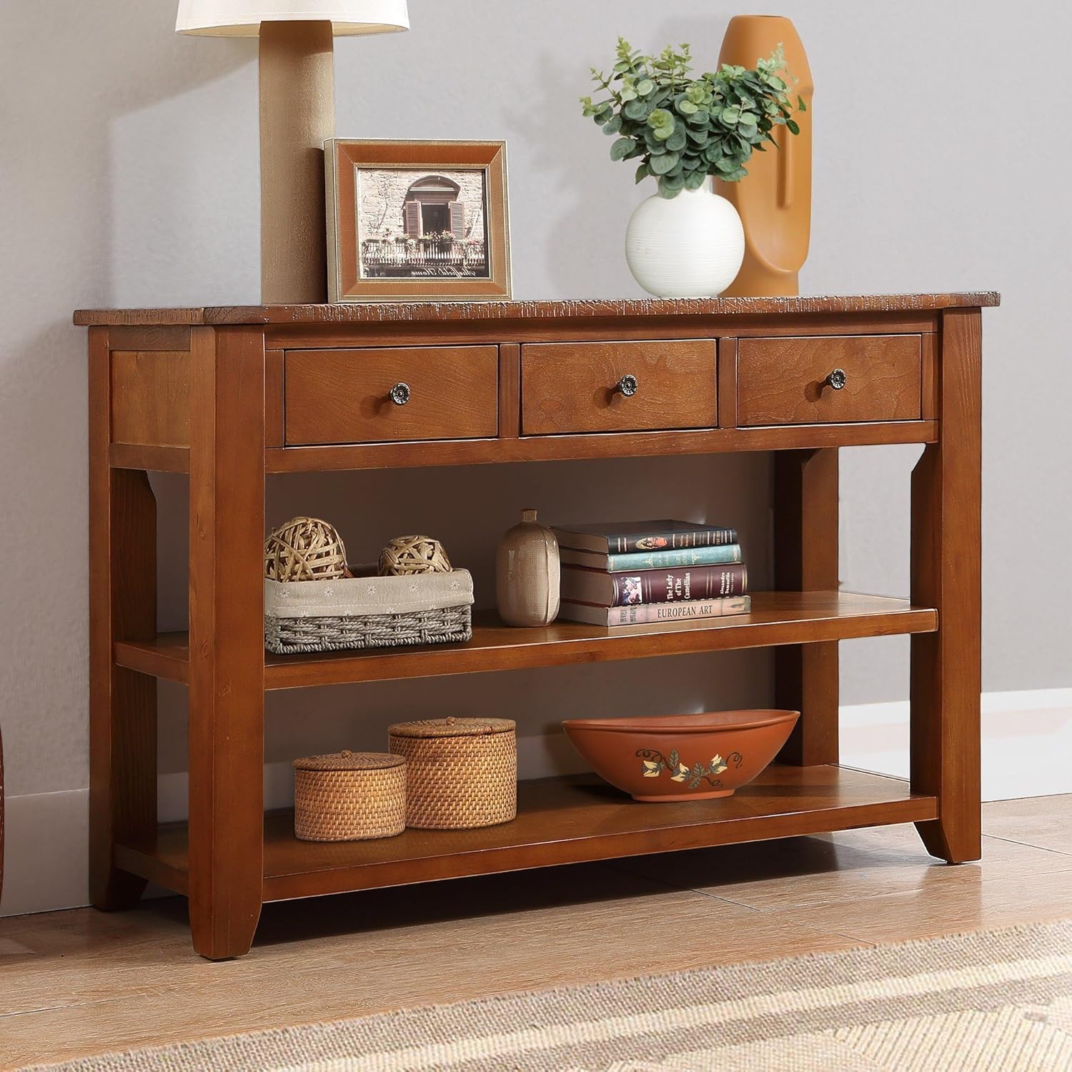 Long Console Table with 3 Storage Drawers and Double Bottom Open Shelves, 50" W x 16" D x 30" H, Brown S5136