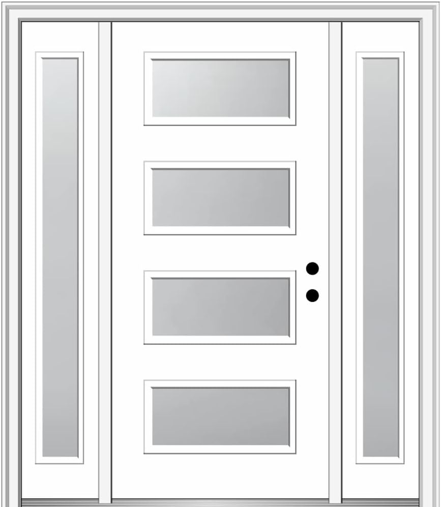 64" x 80" Fiberglass Smooth Primed 4-Lite Frosted Glass Prehung Front Door with Two Sidelites B322975