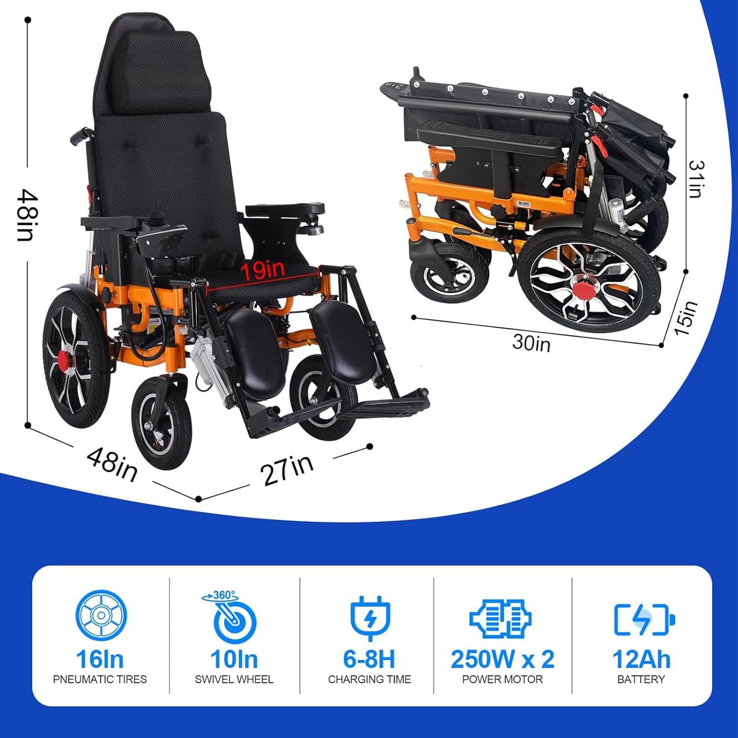 Reclining Foldable Electric Wheelchair with Adjustable Backrest and Pedal, 500W Motor, 20 Mile Range, 12AH Lithium Battery Z73394