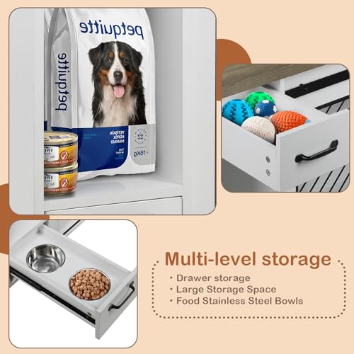 White 85" Sliding Door Double Dog Crate Kennel Furniture with 4 Dog Bowls and Drawer A254