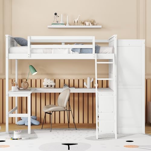 Grey Twin Size Solid Wood Loft Bed with Desk and Wardrobe X3353