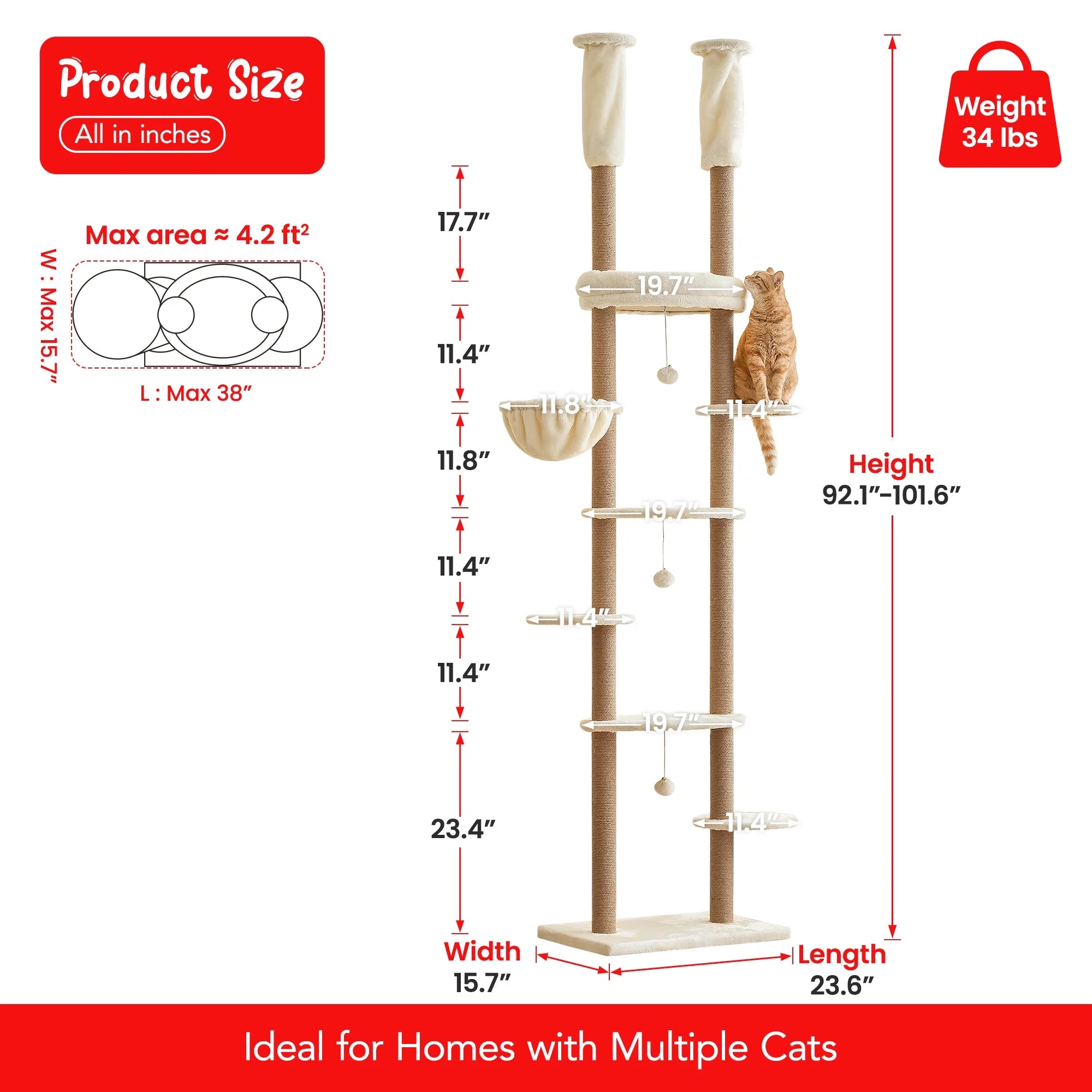 Beige Adjustable Height Cat Tree with Hammock E72010