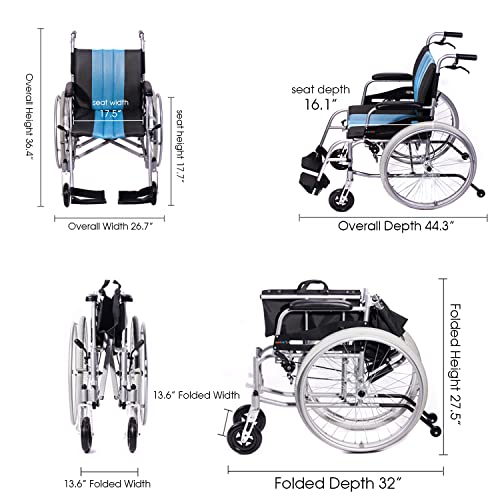 Blue Lightweight Self-propelled Wheelchair with Travel Bag and Cushion C189