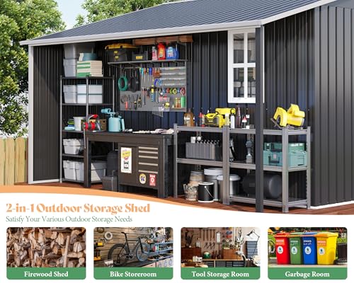 Dark Grey/White Metal Storage Shed with Sliding Doors F3841