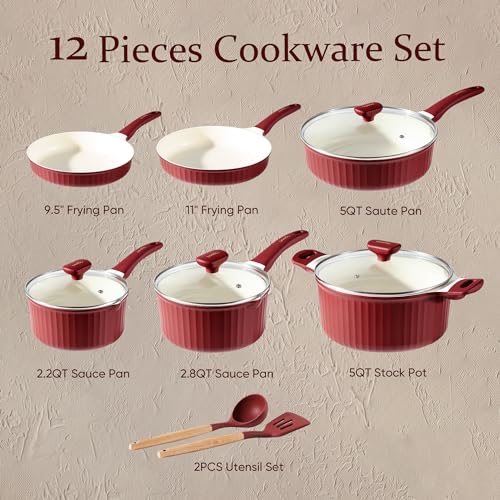 12pcs Non Stick Granite Pots and Pans Set, Dark Red T45138