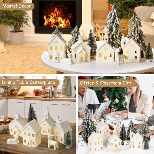 9 Piece Christmas Village Sets with 4 Remote Control Lighted Ceramic Houses, 2 Trees, 2 Deer & Santa L236147
