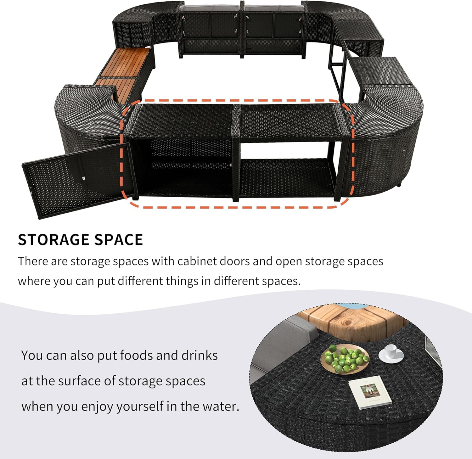 Gray Outdoor Rattan Sectional Sofa with Wooden Seats and Storage B3009