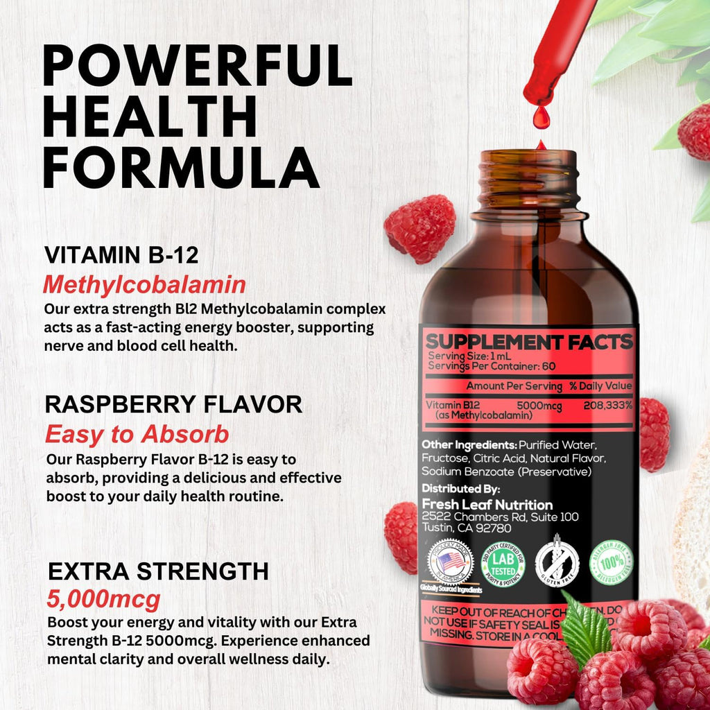 60 x 5000 mcg Raspberry Flavored Vitamin B12 Liquid Methylcobalamin Supplement O751