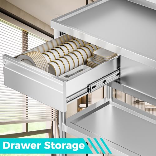 47" 304 Stainless Steel Utility Sink with Workbench, Drawer Storage & Hot/Cold Water Pipes I792768