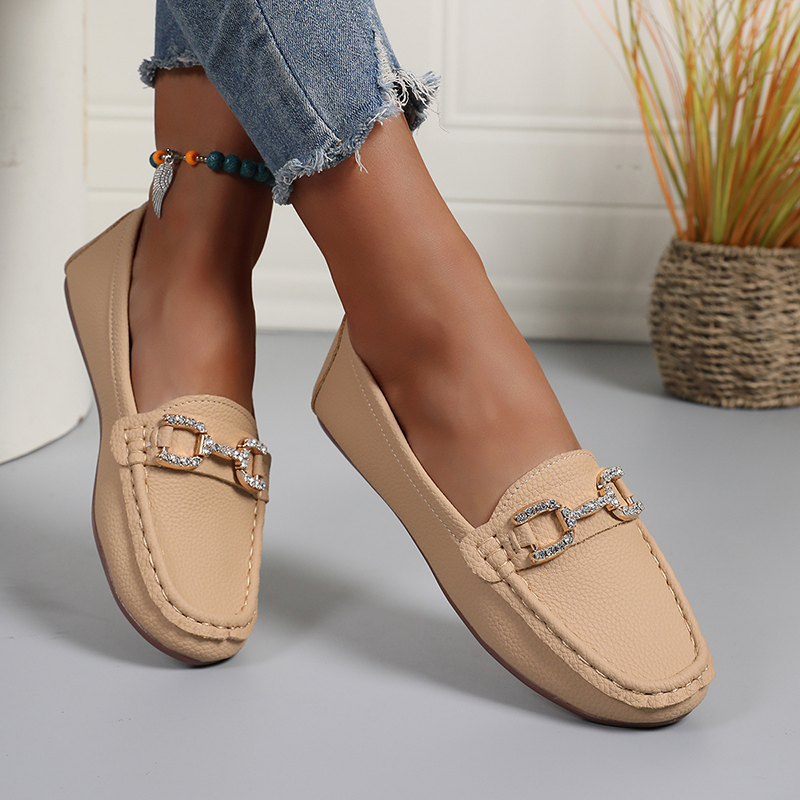 Women's Rhinestone Metal-Buckle Flats – Soft Faux Leather Slip-Ons