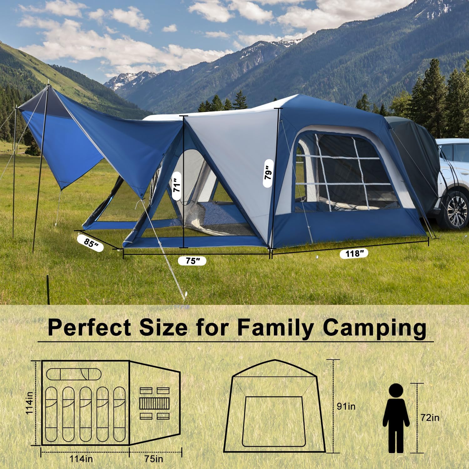 Waterproof Double Layer Car Tailgate Tent, 10' W X 10' L X 7.5' H X158402