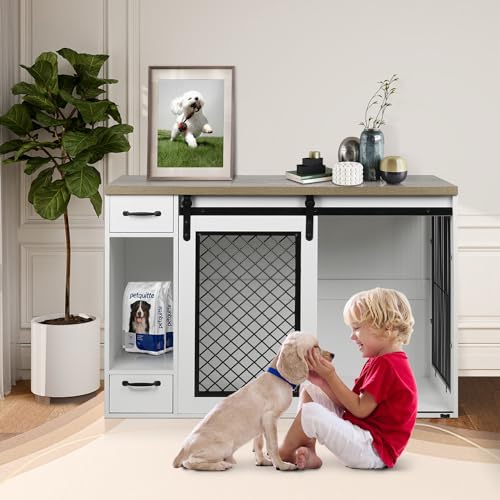 White 85" Sliding Door Double Dog Crate Kennel Furniture with 4 Dog Bowls and Drawer A254