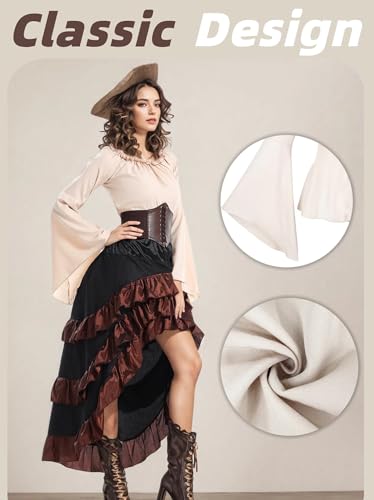 Beige+Brown Women Pirate Costume with Shirt Skirt Corset Waist Belt F553138