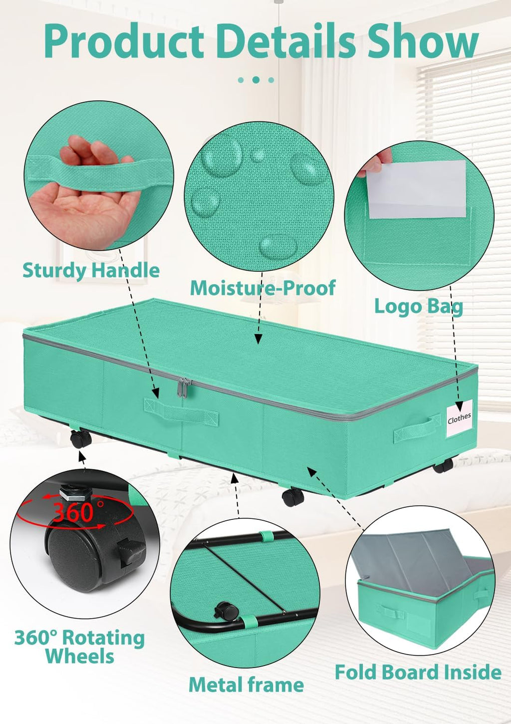 Teal Blue Under Bed Storage Containers with Wheels, 2 Pack Large Foldable Z945031