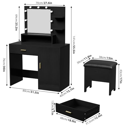 White Vanity Desk with Mirror and Lights and Drawer G773493