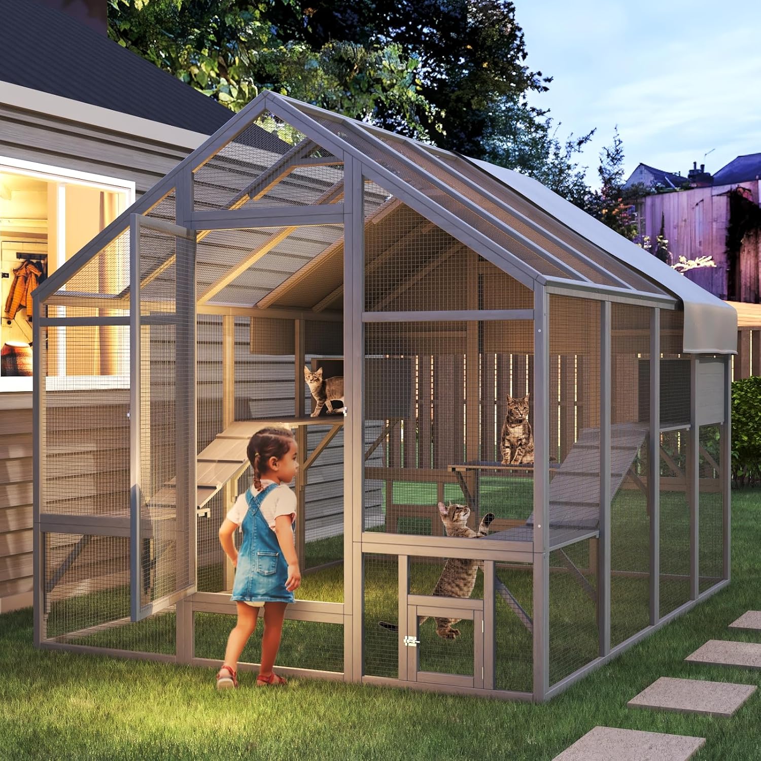 Large Catio Outdoor Cat Enclosure with 7 Platforms, 2 Resting Box and 2 Bridges, 71 x 71 x 97 inch E54075