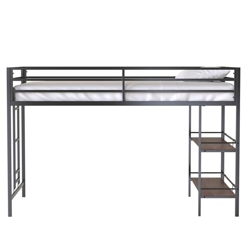Black Twin Size Metal Loft Bed with Desk and Storage Stairs Y982