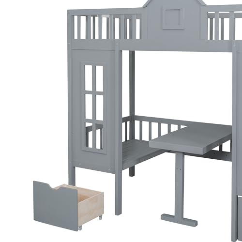 White Wooden Bunk Beds with Stairs and 2 Storage Drawers N6358