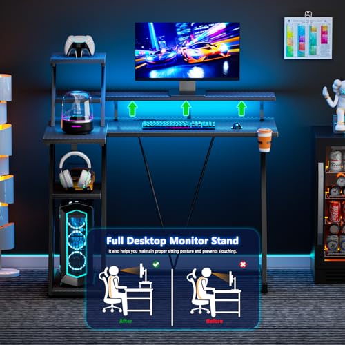 L Shaped Gaming Desk with LED Lights & Power Outlet, 47 Inch Computer Desk with Extra Storage Shelves, Reversible Gamer Workstations with Monitor Stand, Carbon Fiber Black G926