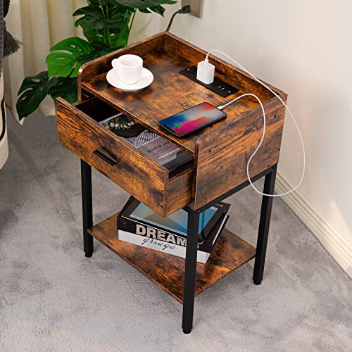 3-Tier Nightstand Set of 2 with Charging Station and Drawer, Oak Grey S985