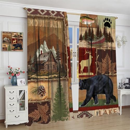 Rustic Bear Moose Deer Curtains, Retro Pine Tree Cabin Country Lodge Camping Window Treatments Vintage Tribal Aztec Abstract Geometric Blackout Window Drapes 42x63in Z10765