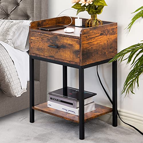 3-Tier Nightstand Set of 2 with Charging Station and Drawer, Oak Grey S985