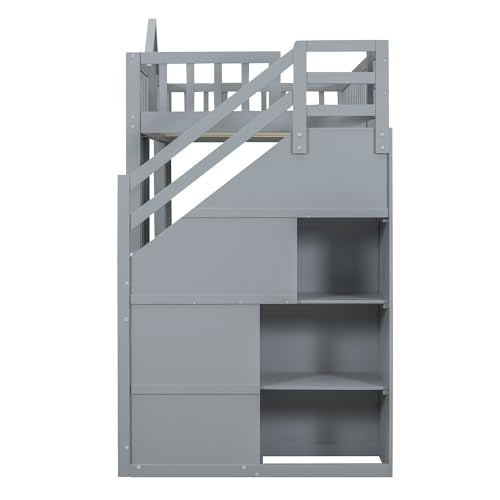 White Wooden Bunk Beds with Stairs and 2 Storage Drawers N6358
