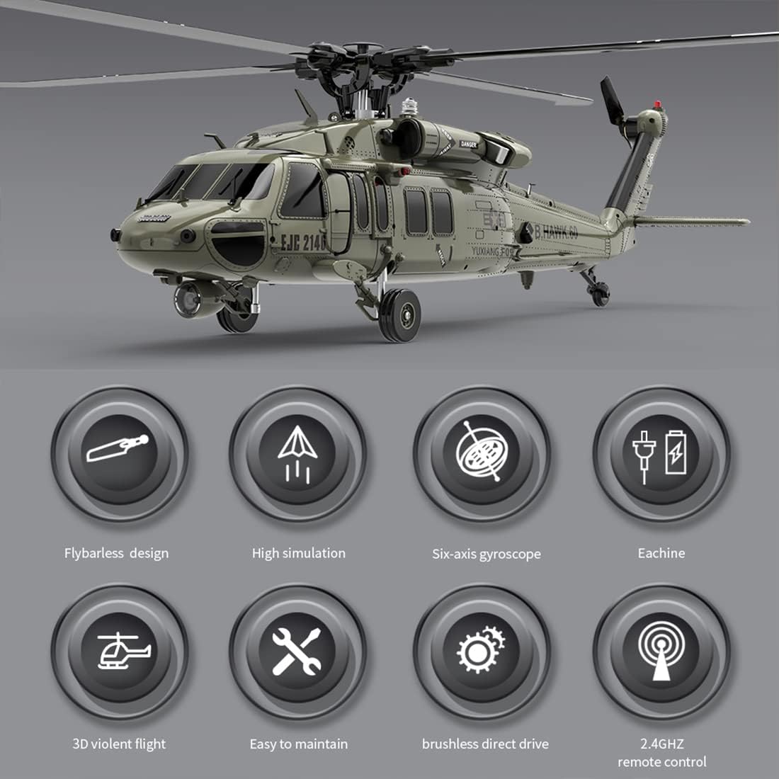 2.4G 6CH Brushless Direct Drive Remote Control Military Helicopter H393705