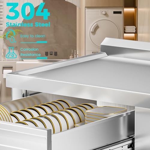 47" 304 Stainless Steel Utility Sink with Workbench, Drawer Storage & Hot/Cold Water Pipes I792768