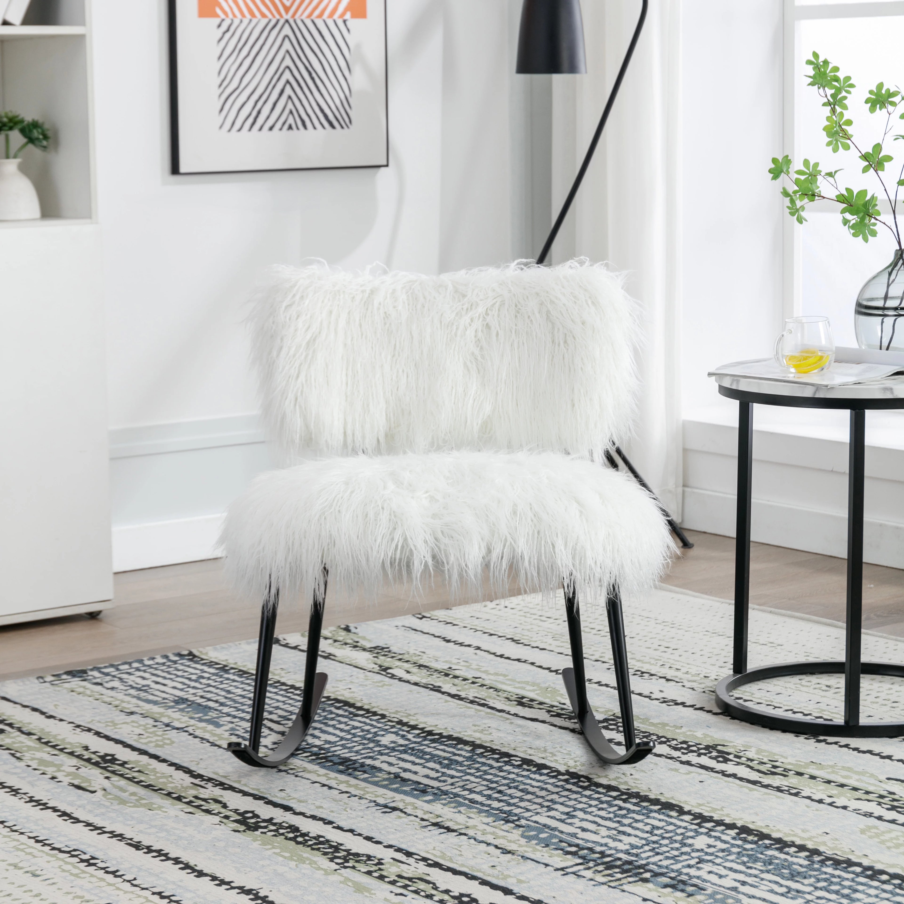 White Faux Fur Plush Nursery Rocking Chair with Metal Rocker E496