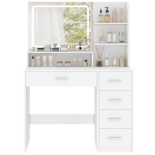 White Vanity Desk with 5 Drawers & Mirror O30456
