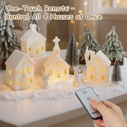 9 Piece Christmas Village Sets with 4 Remote Control Lighted Ceramic Houses, 2 Trees, 2 Deer & Santa L236147