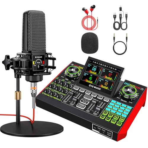 Podcast Microphone Bundle with Live Sound Card Audio Mixer, 3.5mm Condenser Microphone, Sound Board with Voice Changer J44245