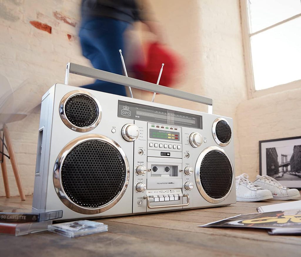 Silver Portable Boombox with CD Player Cassette Player FM Radio USB Bluetooth Speaker E718