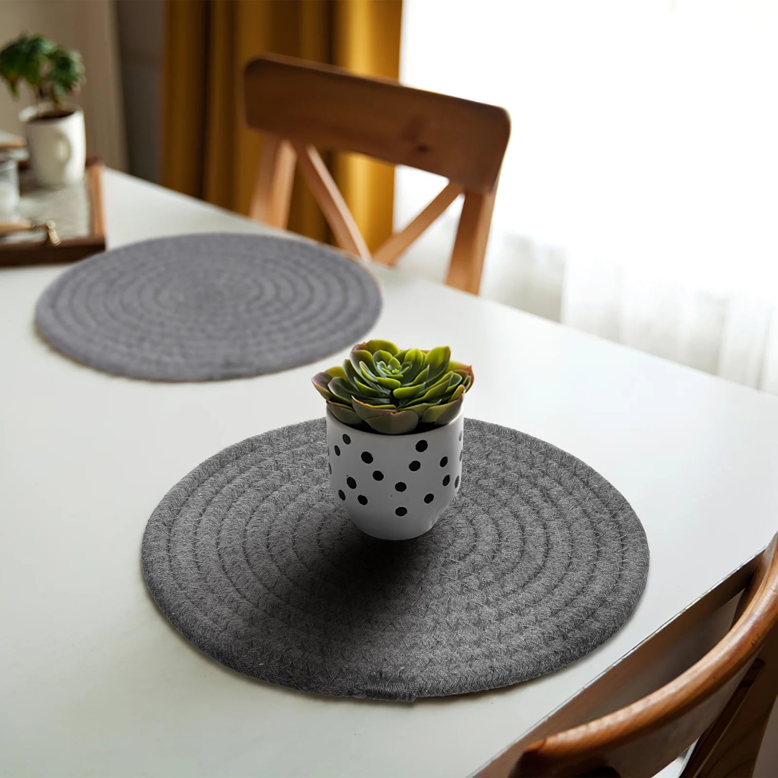 Dark Grey Cotton Rope Placemat Set Round Woven Coasters V3429