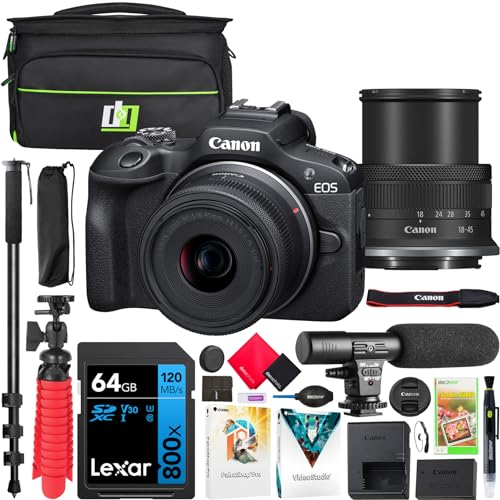 Mirrorless Camera Body with RF-S 18-45mm F4.5-6.3 IS STM Lens Bundle with Photography Bag + Microphone + Monopod + Software & Accessories Kit E93512