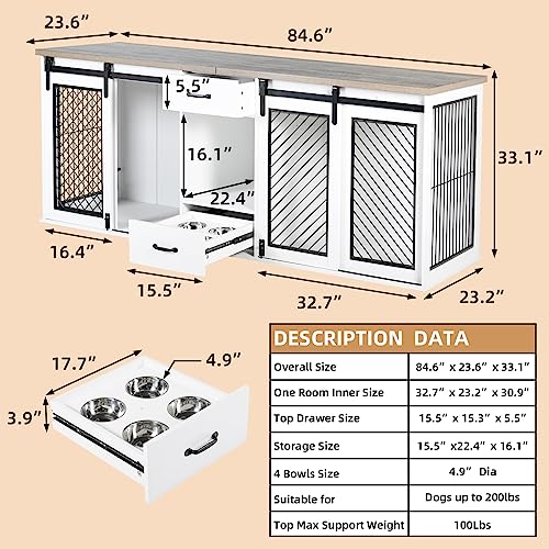 White 85" Sliding Door Double Dog Crate Kennel Furniture with 4 Dog Bowls and Drawer A254