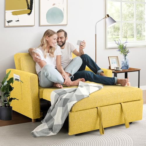 Navy Blue 2-Seater Linen Fabric Convertible Sofa Bed W83712