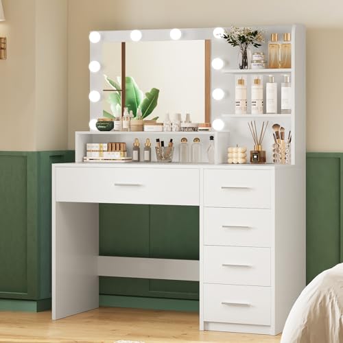White Vanity Desk with 5 Drawers & Mirror O30456
