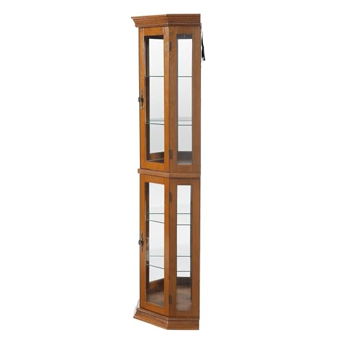 Corner Curio Cabinet with Tempered Glass Shelves, Mirrored Back, Cherry W4820