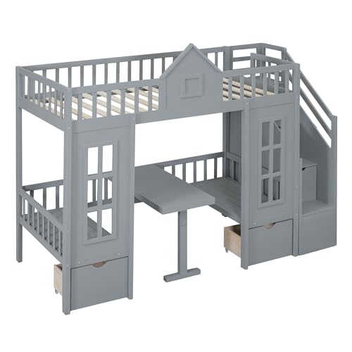White Wooden Bunk Beds with Stairs and 2 Storage Drawers N6358