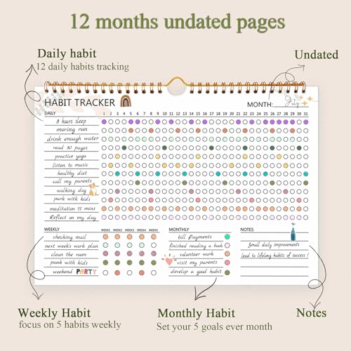 12 Months Undated Daily Goal and Habit Tracker Journal Planner with Spiral Binding, 11.7"x8.5" O1283