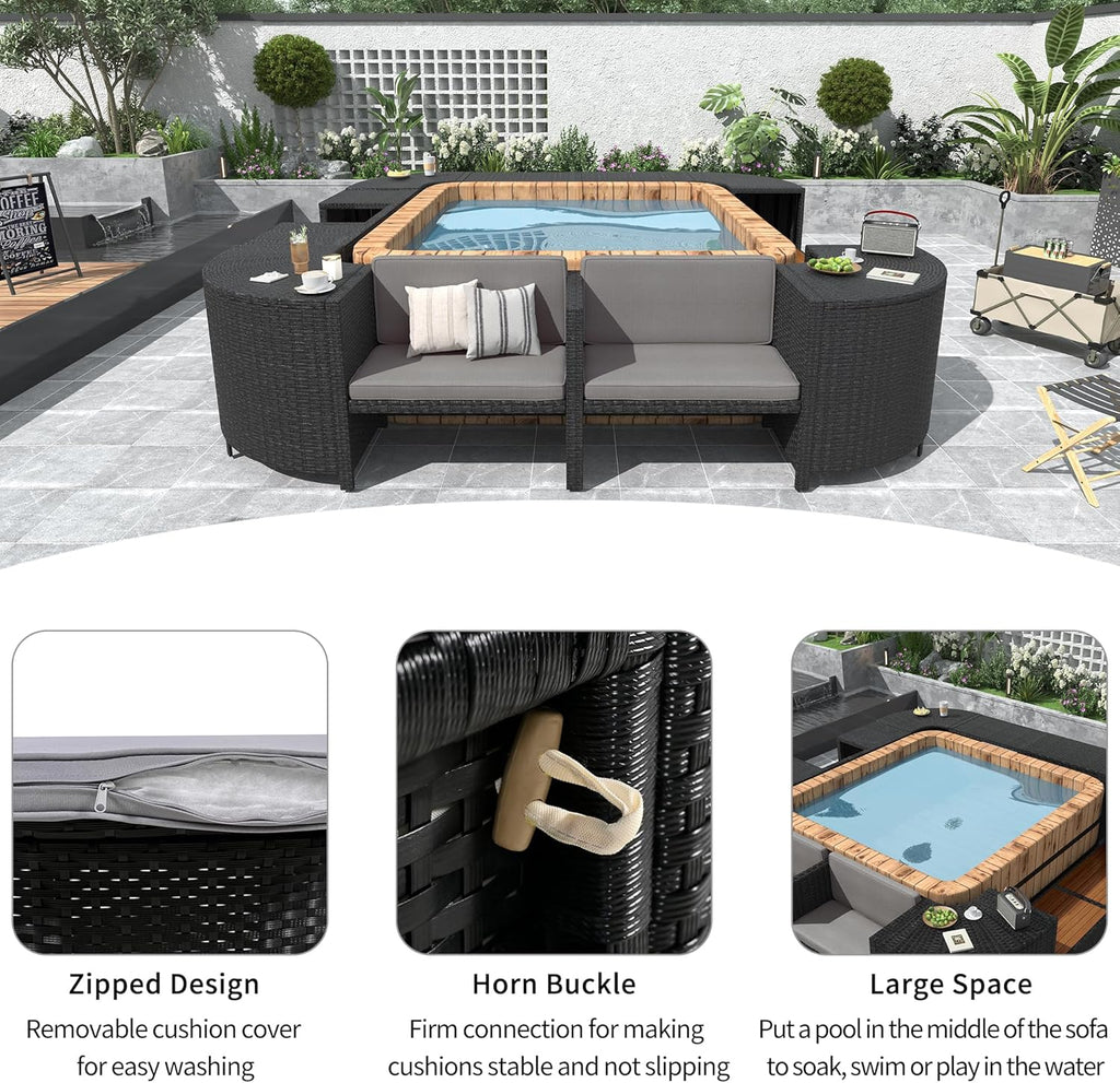 Gray Outdoor Rattan Sectional Sofa with Wooden Seats and Storage B3009