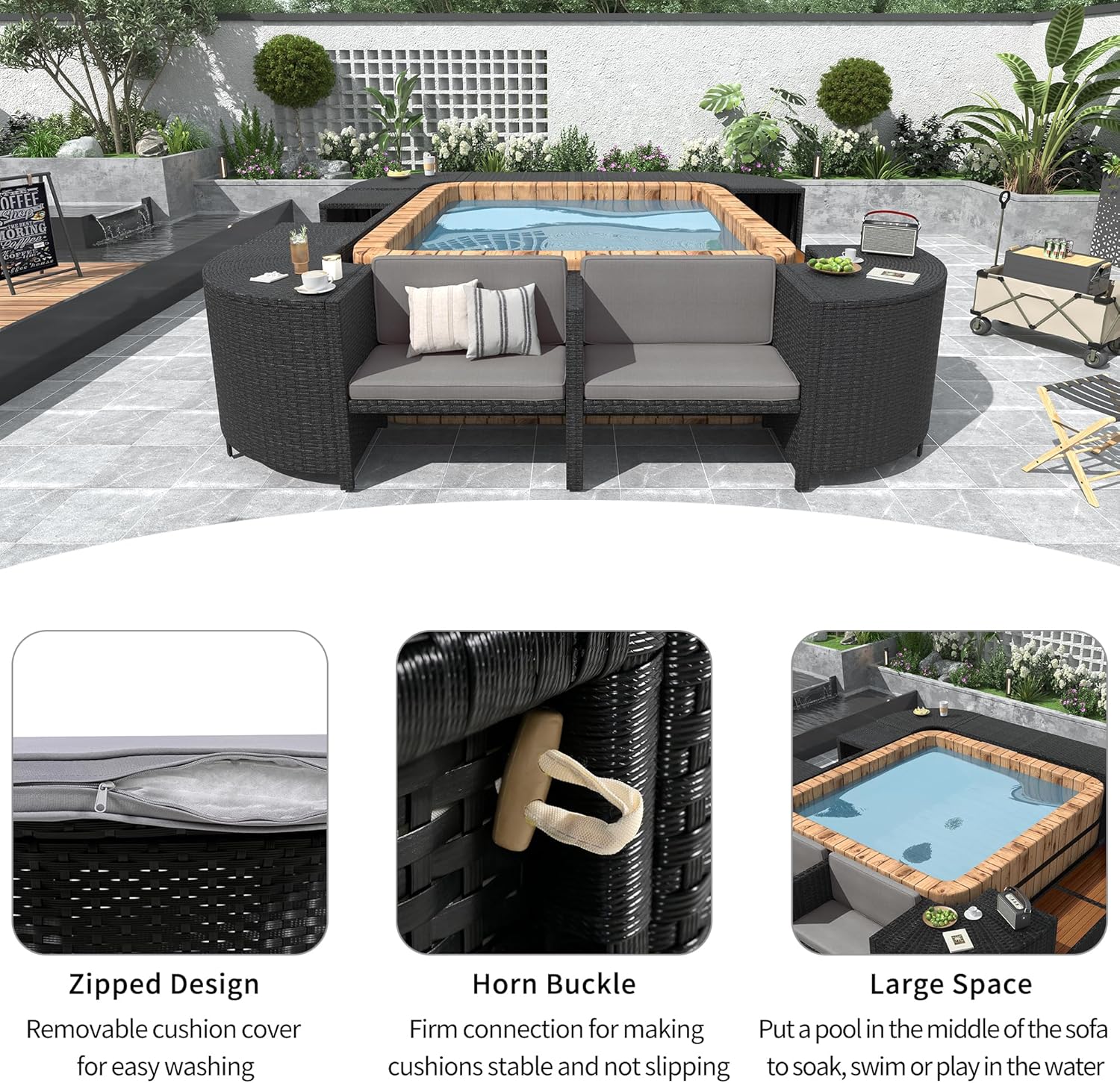 Gray Outdoor Rattan Sectional Sofa with Wooden Seats and Storage B3009