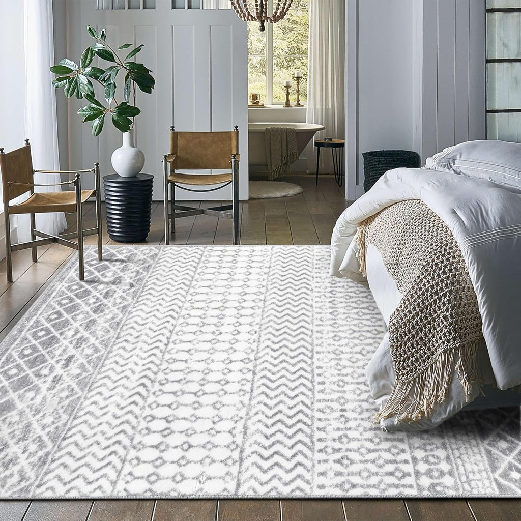 Moroccan Area Rug 8x10, Soft Non-Slip Low-Pile Washable Distressed Rug X8756