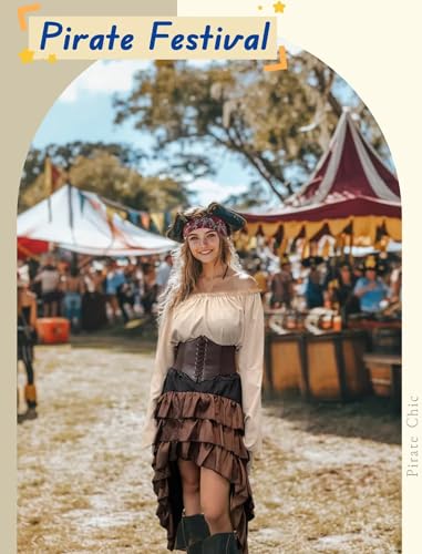 Beige+Brown Women Pirate Costume with Shirt Skirt Corset Waist Belt F553138