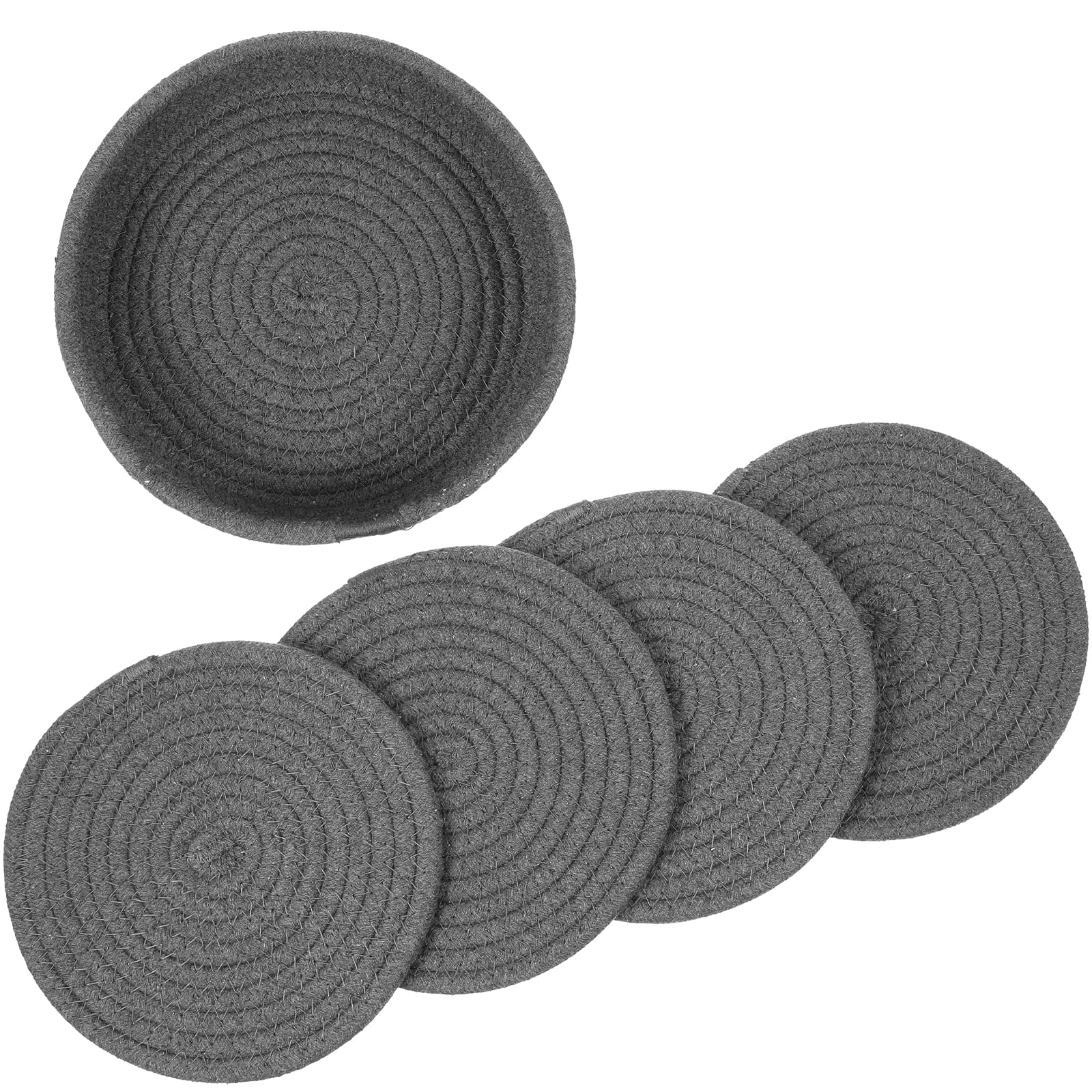 Dark Grey Cotton Rope Placemat Set Round Woven Coasters V3429