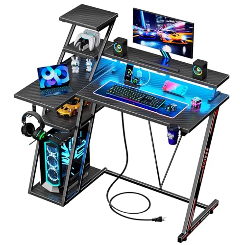 L Shaped Gaming Desk with LED Lights & Power Outlet, 47 Inch Computer Desk with Extra Storage Shelves, Reversible Gamer Workstations with Monitor Stand, Carbon Fiber Black G926