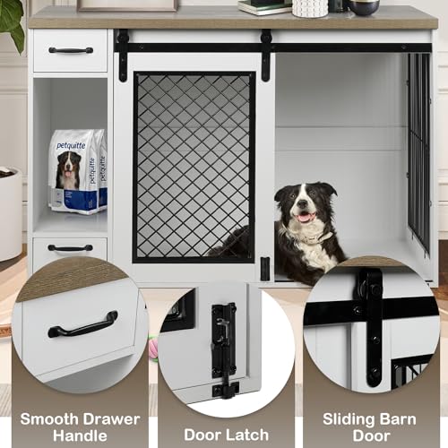 White 85" Sliding Door Double Dog Crate Kennel Furniture with 4 Dog Bowls and Drawer A254